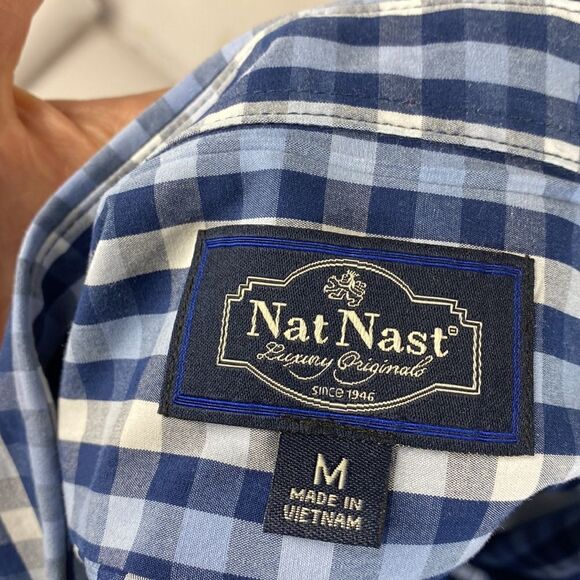 Nat Nast Luxury Long Sleeve Button Down Shirt Blue White Plaid Size M - Picture 11 of 11